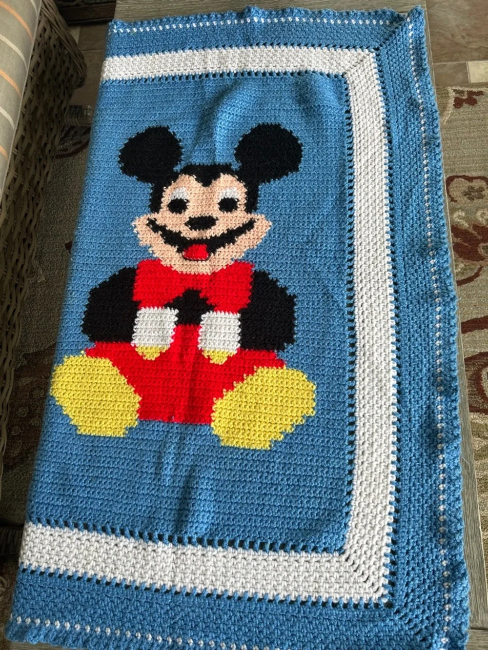 VTG Disney Mickey Mouse Afghan Crochet Handmade Blanket Throw Blue